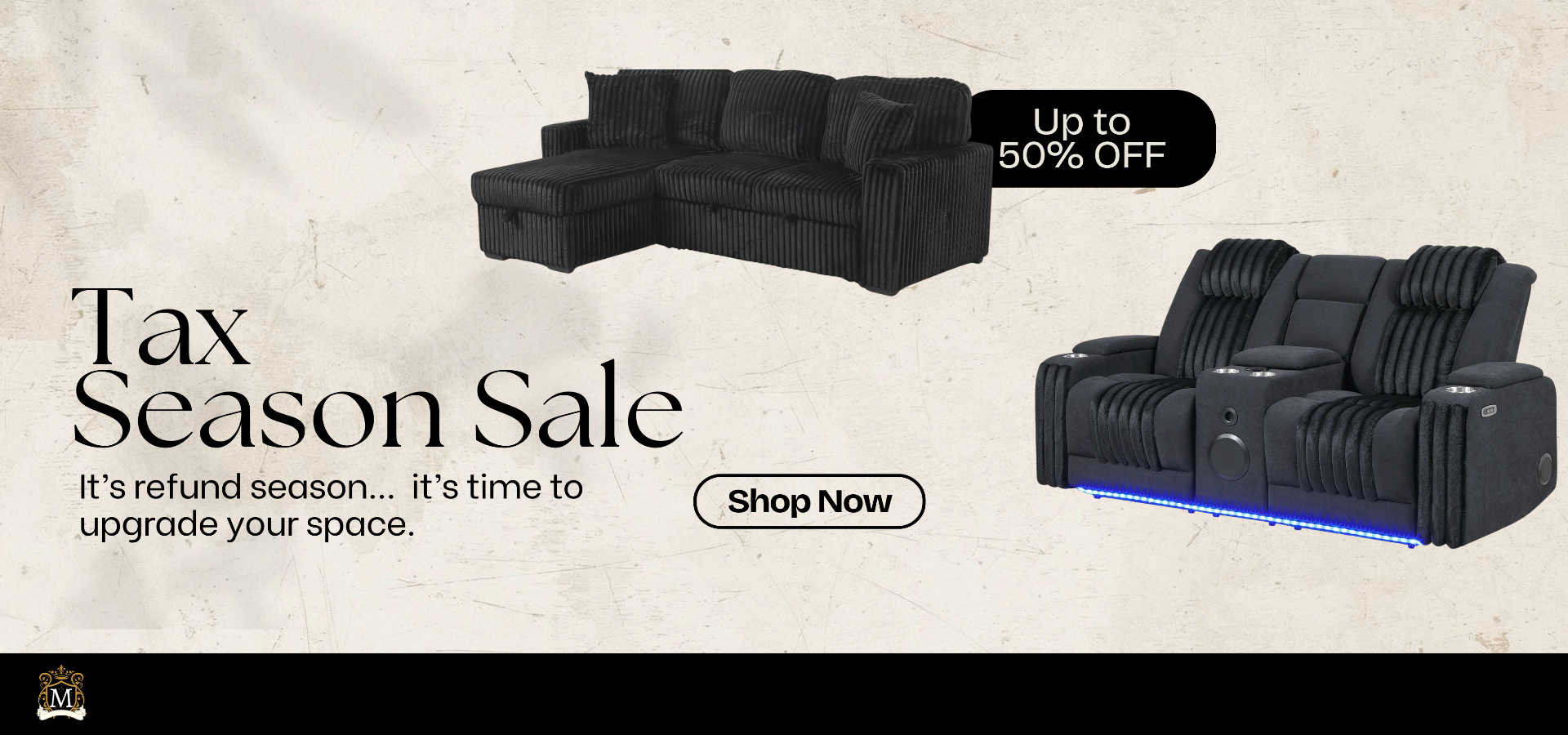 Black recliner sofa set with tax season sale text and promotional offer on a textured beige background.