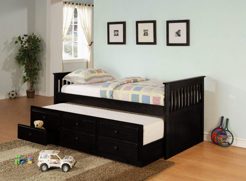 Cama individual Rochford de 3 cajones con cama nido, color negro