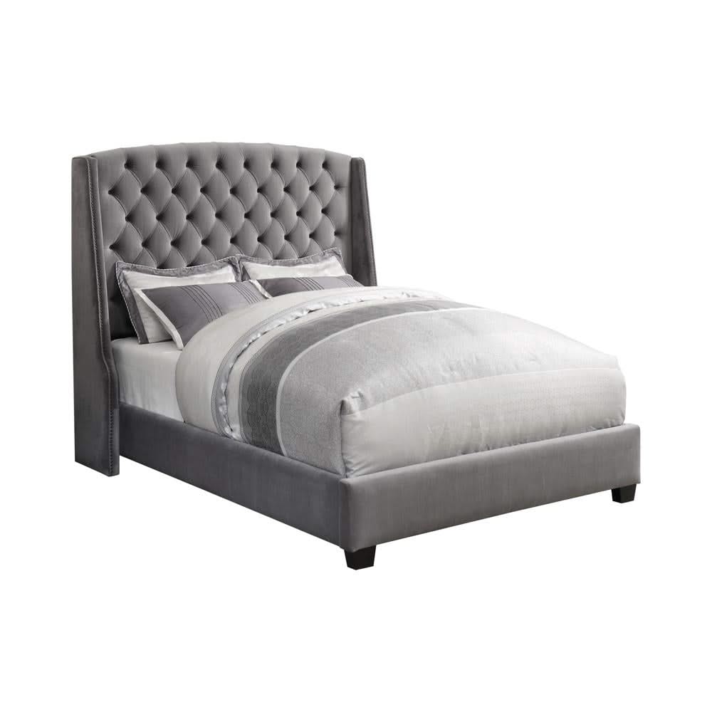 Cama Queen con respaldo alto tapizada Pissarro, color gris