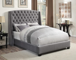 Cama Queen con respaldo alto tapizada Pissarro, color gris