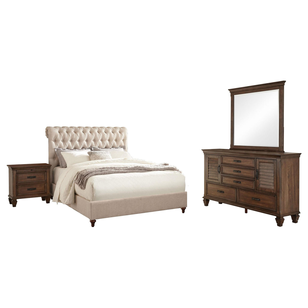 Juego de dormitorio Devon de 4 piezas en color beige y roble bruñido