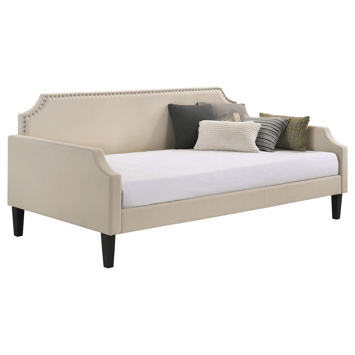 Sofá cama individual tapizado Livia en color topo