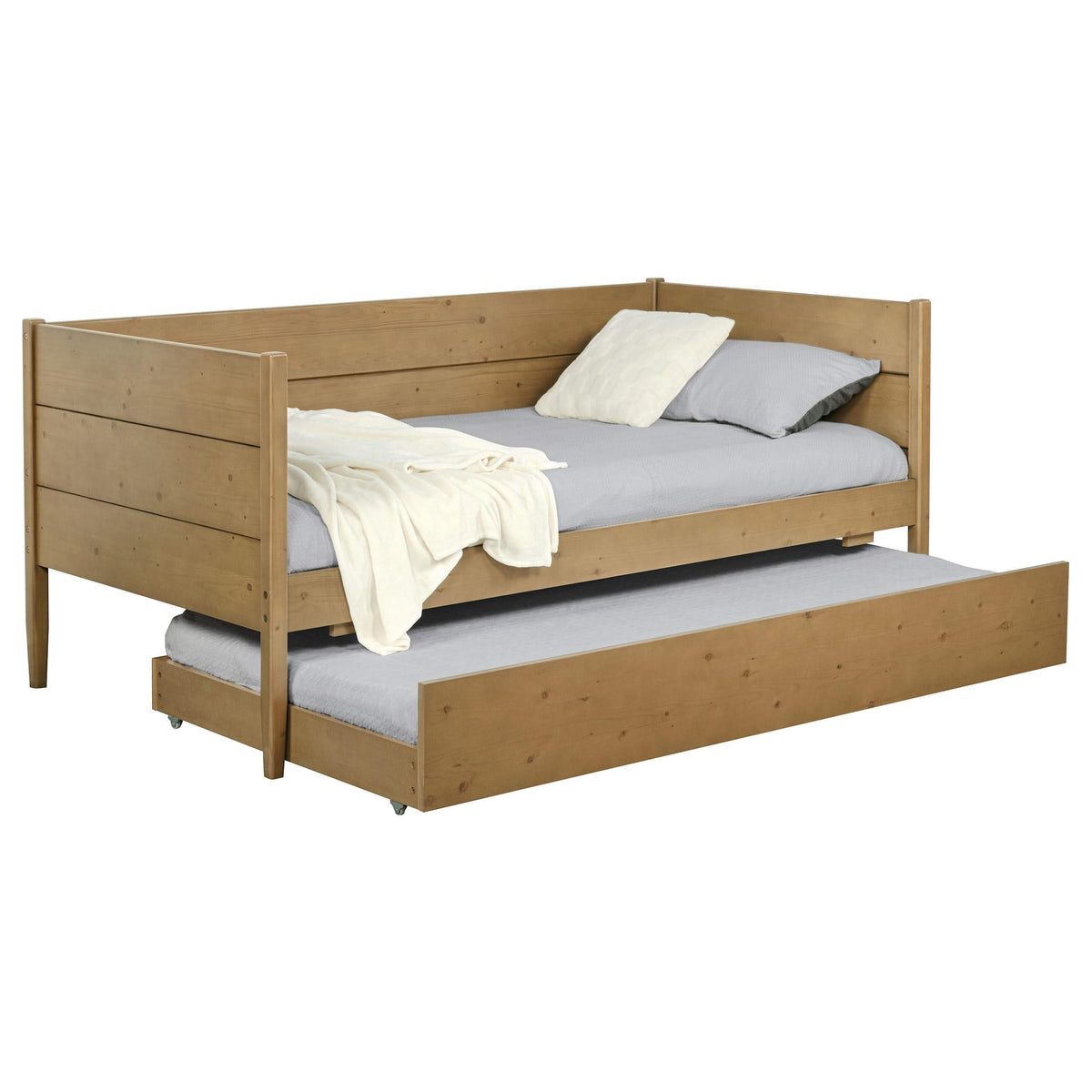 Sofá cama individual Calinda Wood con cama nido, color natural