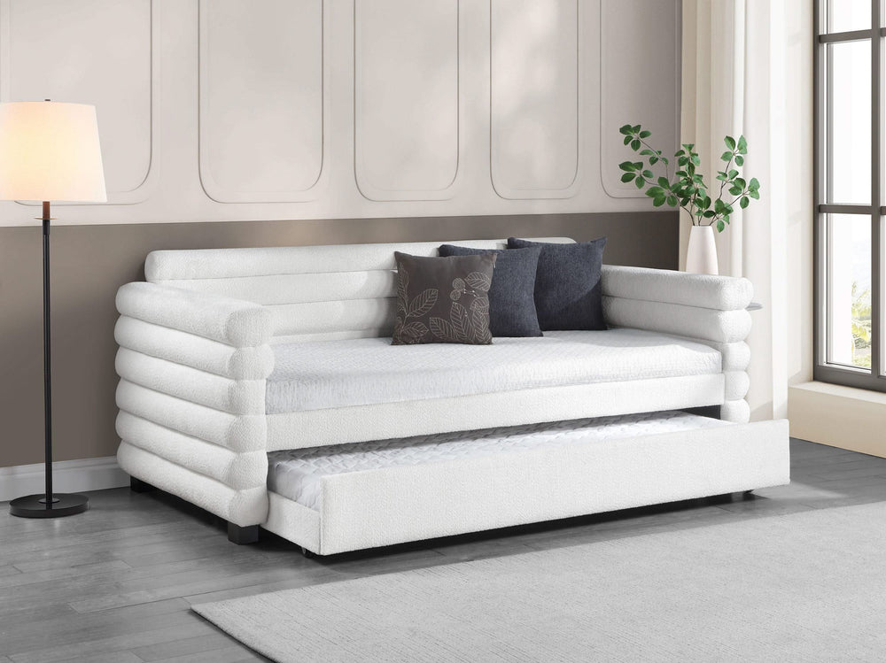 Cama de día individual tapizada Patricia Boucle con cama nido blanca