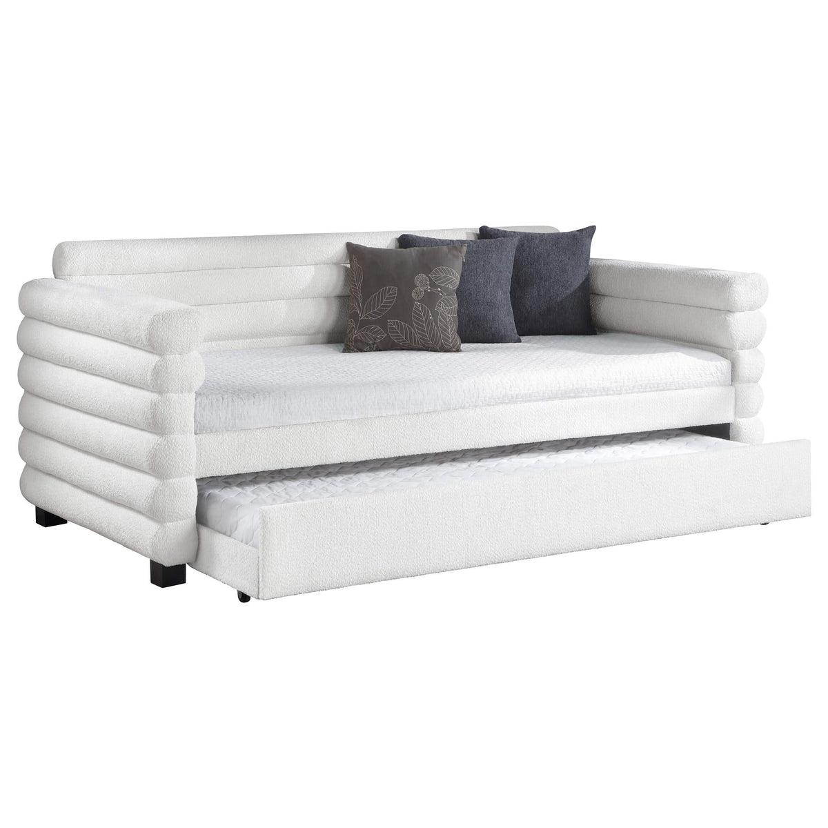 Cama de día individual tapizada Patricia Boucle con cama nido blanca