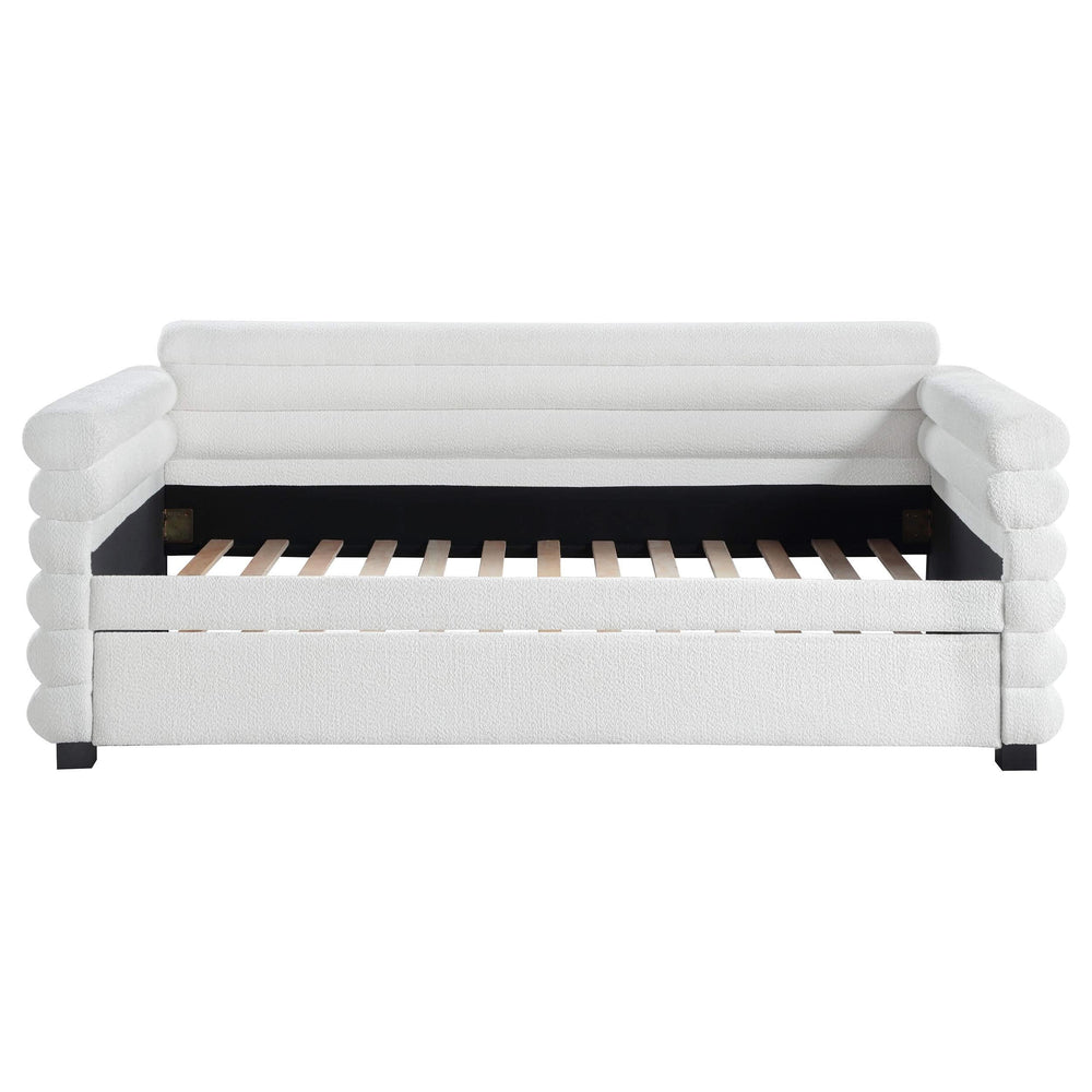 Cama de día individual tapizada Patricia Boucle con cama nido blanca