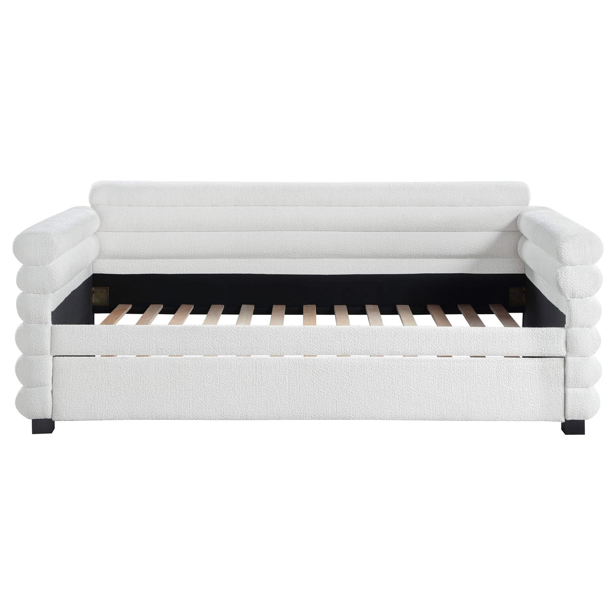 Cama de día individual tapizada Patricia Boucle con cama nido blanca