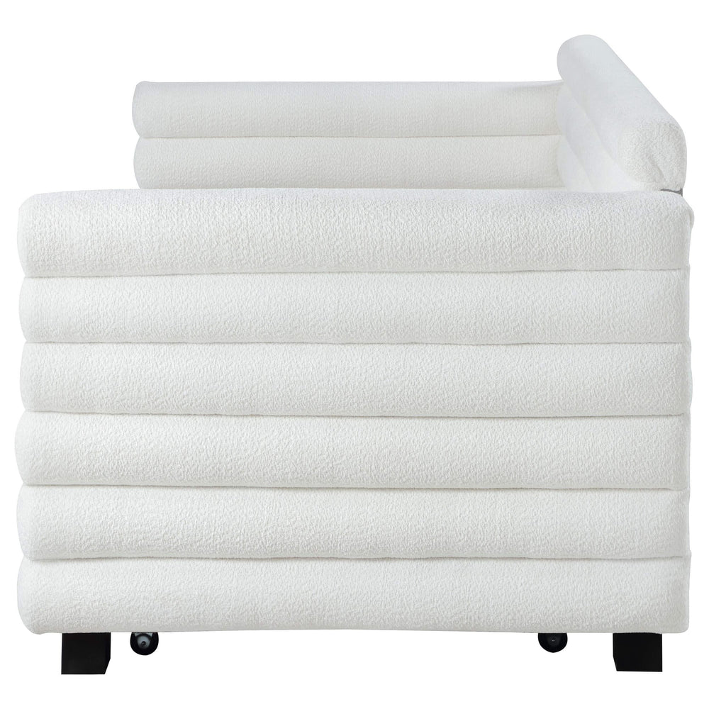 Cama de día individual tapizada Patricia Boucle con cama nido blanca