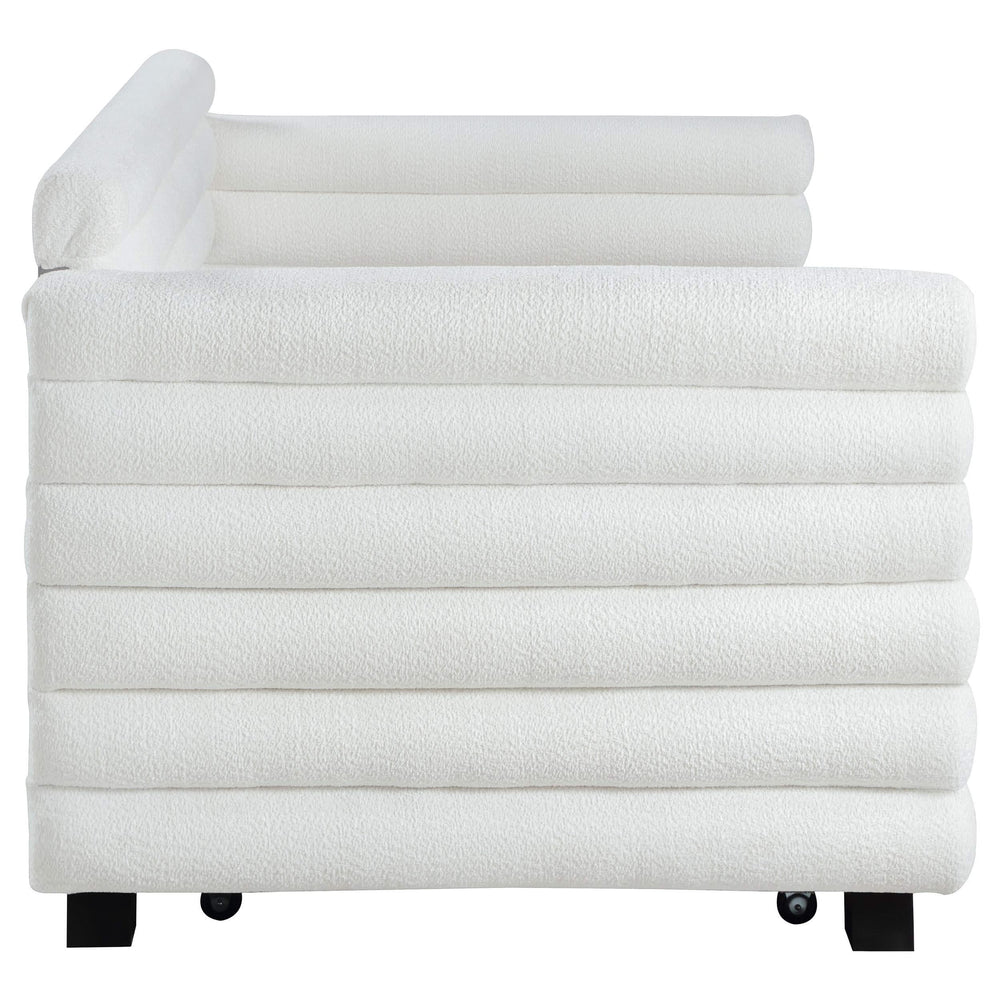 Cama de día individual tapizada Patricia Boucle con cama nido blanca