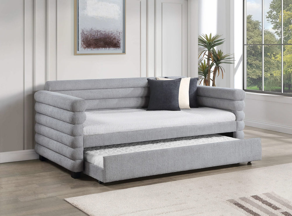Cama de día tapizada Patricia Boucle con cama nido, color gris