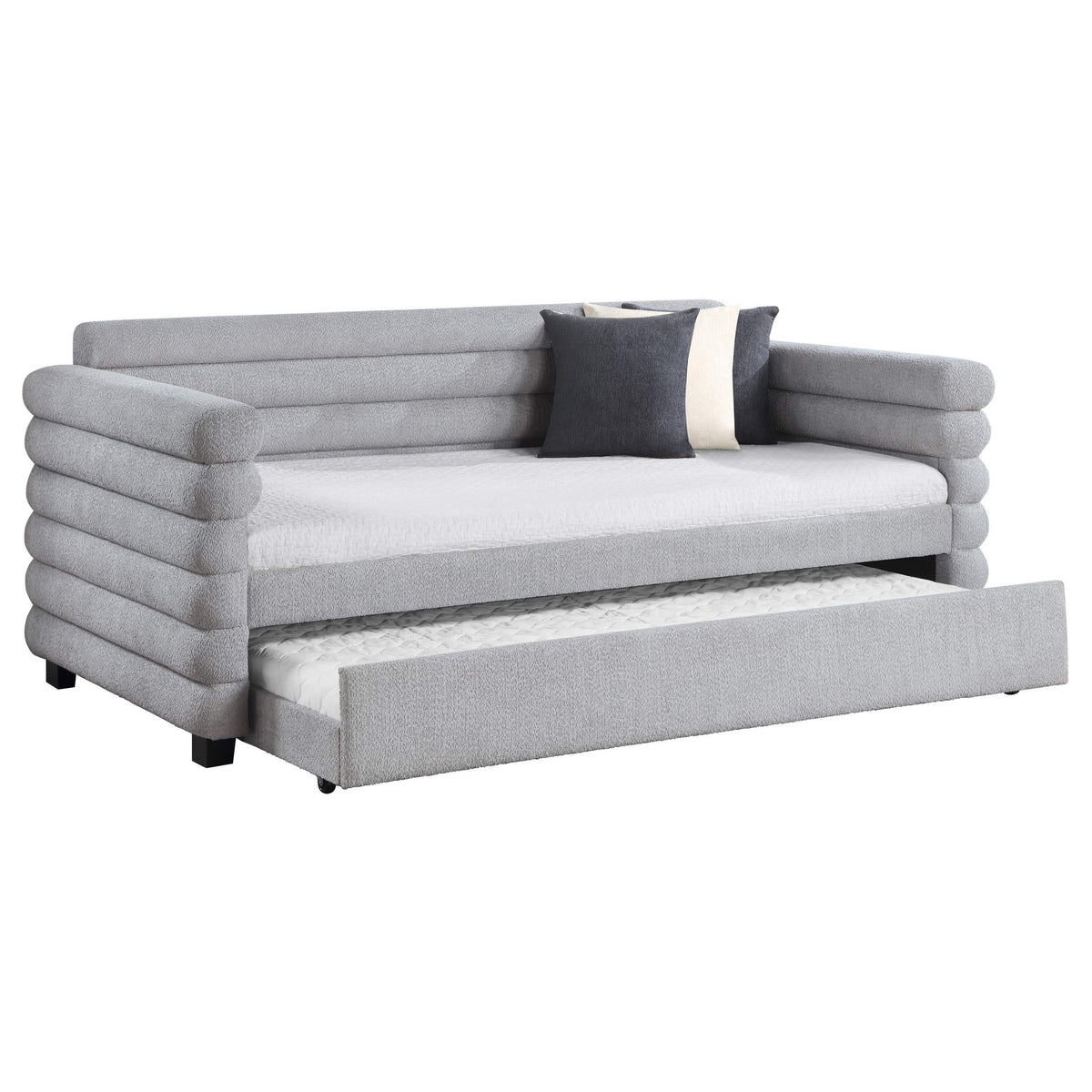 Cama de día tapizada Patricia Boucle con cama nido, color gris