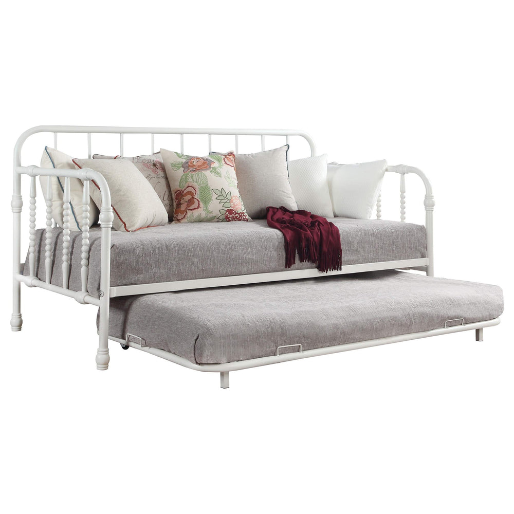 Cama de día doble de metal Marina con cama nido blanca