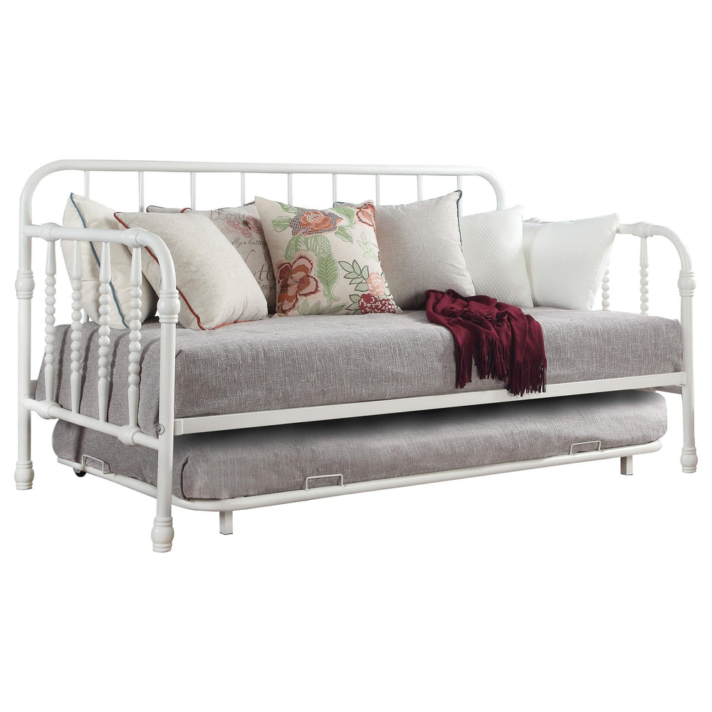 Cama de día doble de metal Marina con cama nido blanca
