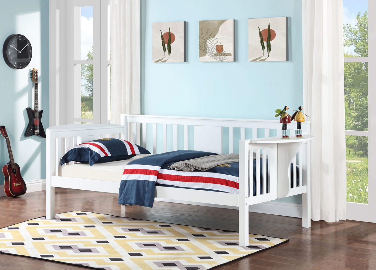 Sofá cama individual Bethany Wood con mesas abatibles, color blanco