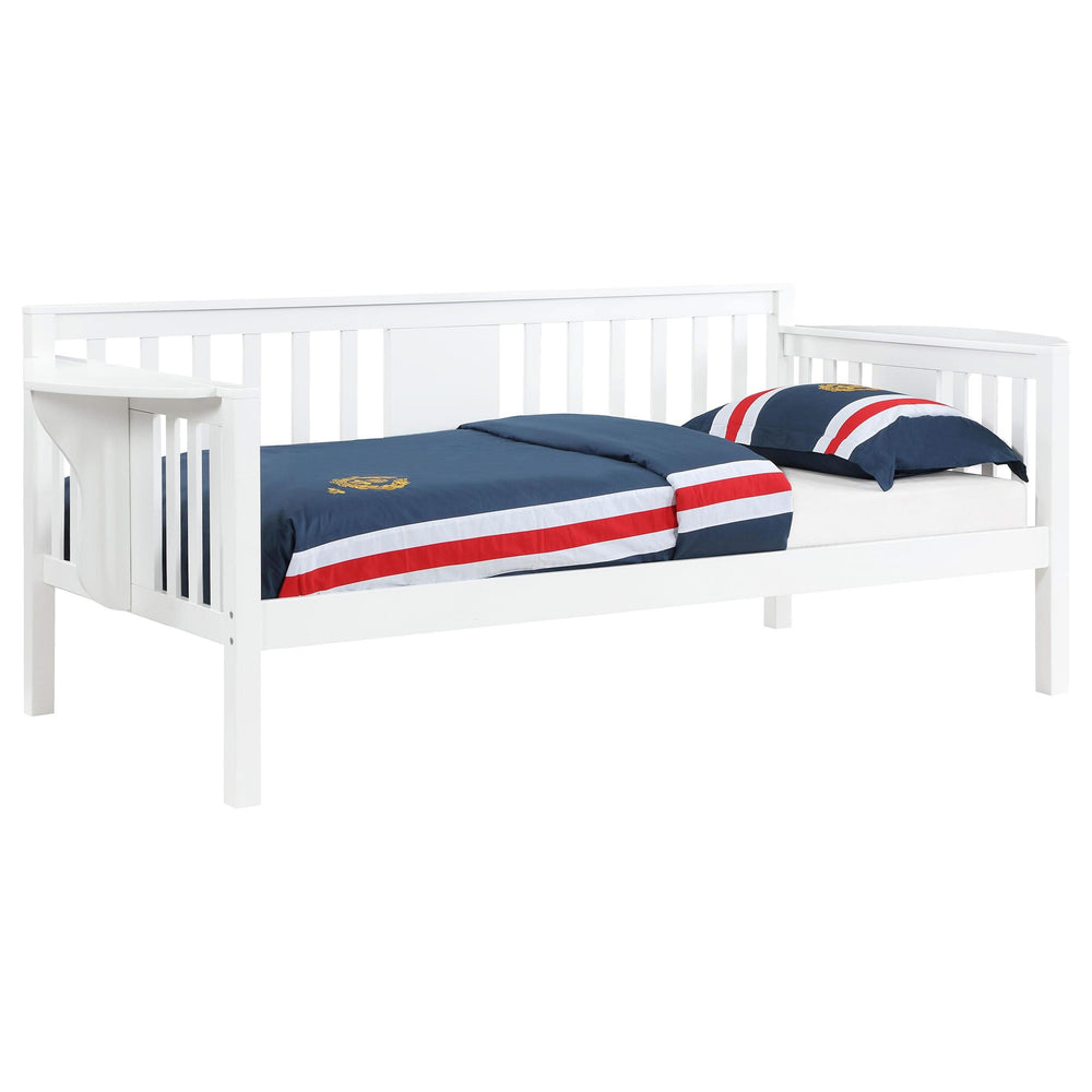 Sofá cama individual Bethany Wood con mesas abatibles, color blanco