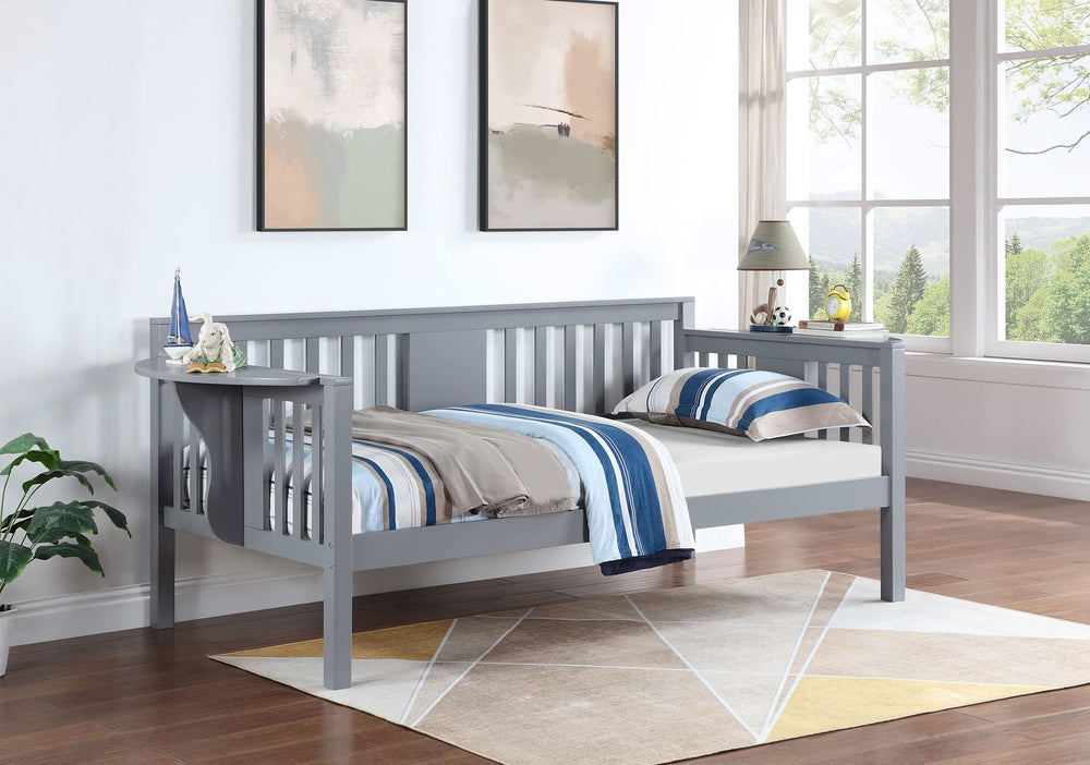 Sofá cama individual Bethany Wood con mesas abatibles, color gris 