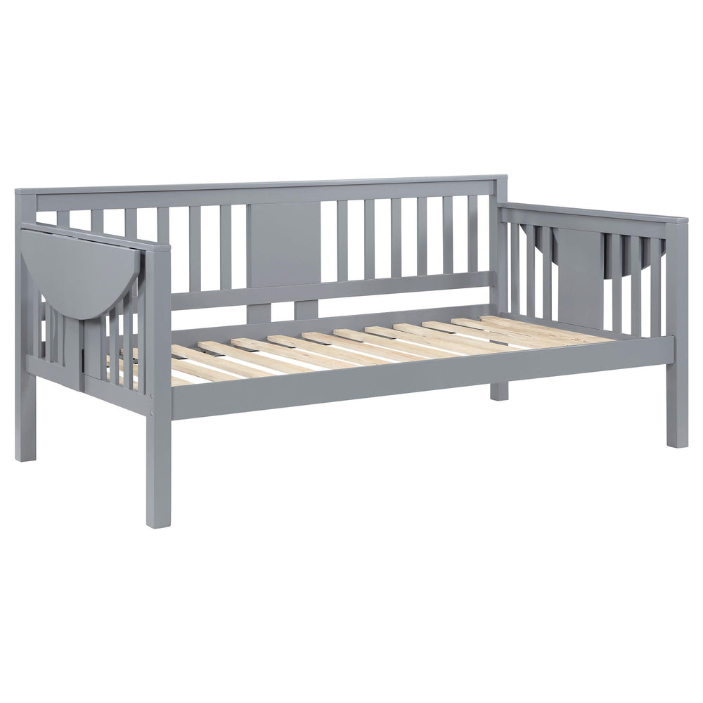 Sofá cama individual Bethany Wood con mesas abatibles, color gris 