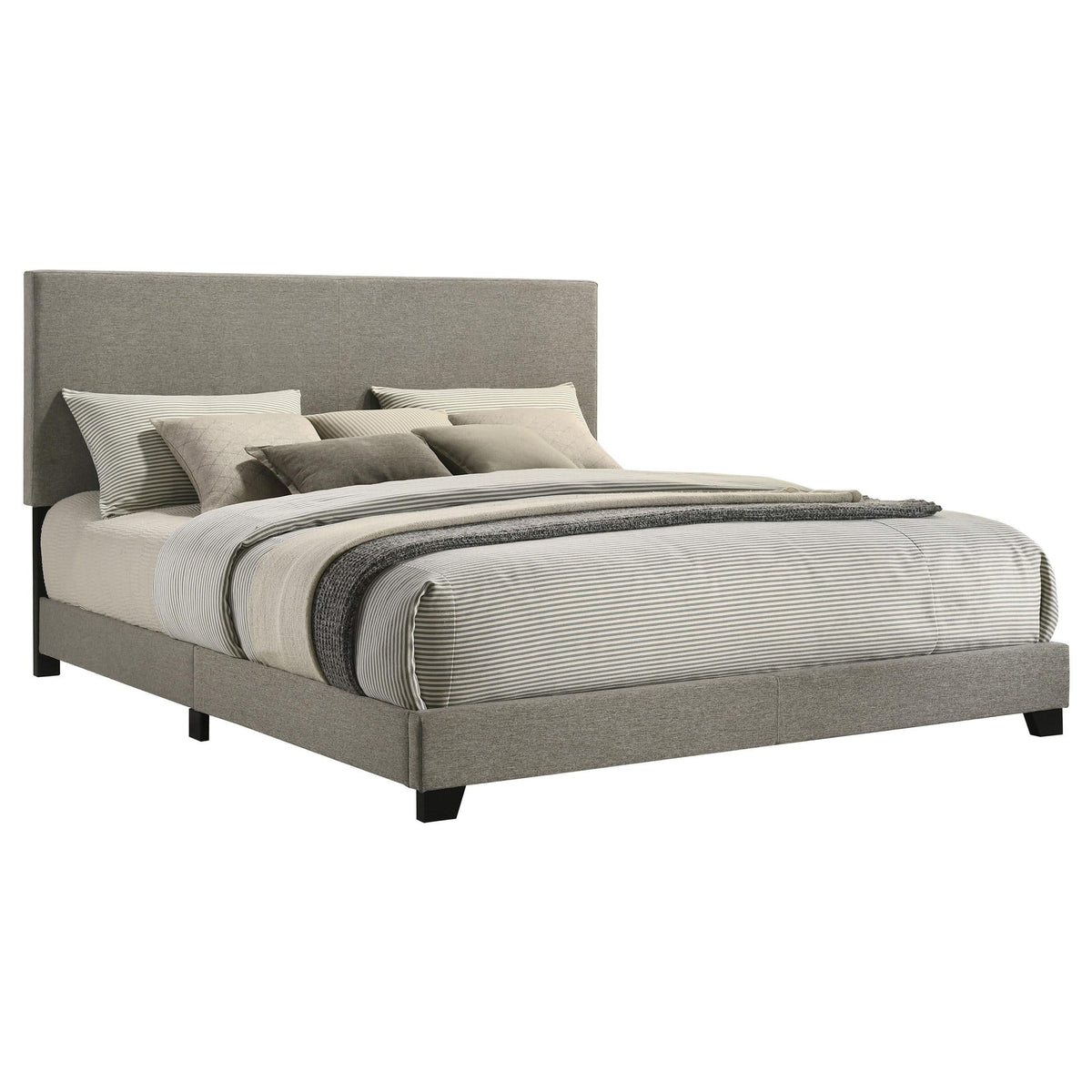 Cama California King con paneles tapizados en tela Dorian, color topo