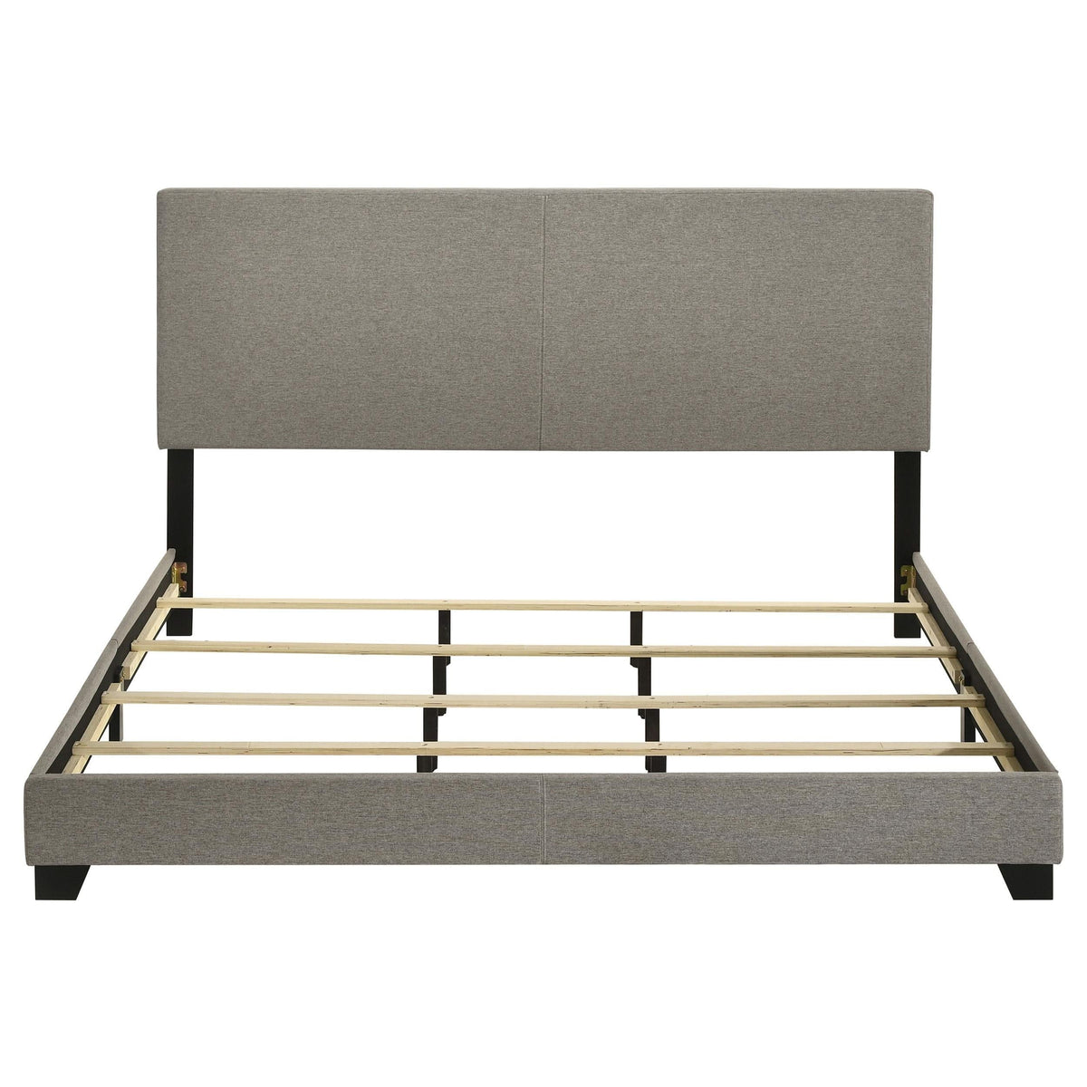 Cama California King con paneles tapizados en tela Dorian, color topo