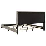 Cama California King con paneles tapizados en tela Dorian, color topo