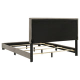 Cama Queen con paneles tapizados en tela Dorian, color topo