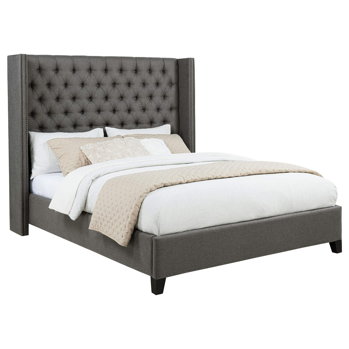 Cama Bancroft tapizada Eastern King con respaldo de alas, color gris