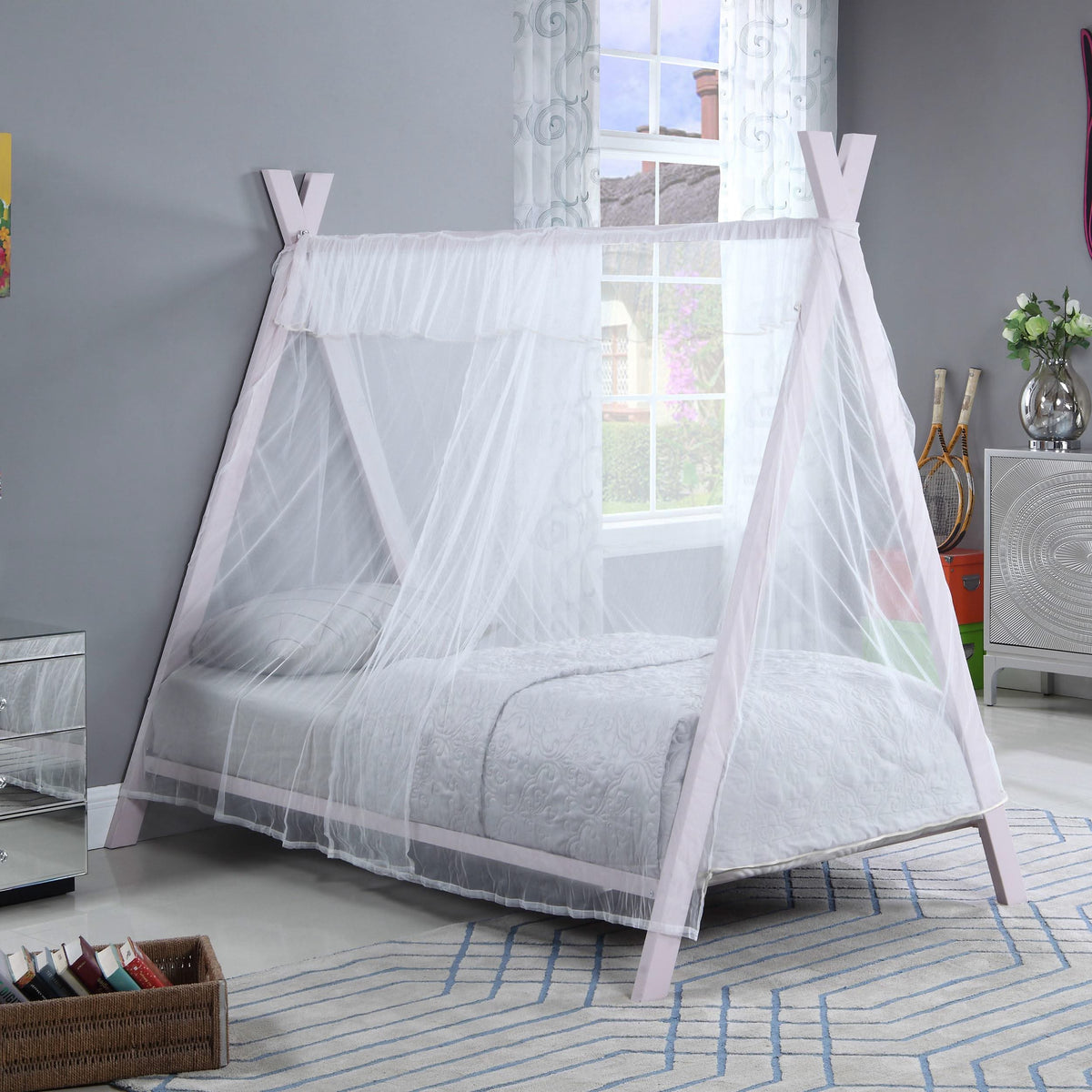 Cama individual tipo tienda de campaña de metal Fultonville con colchón de 18 cm, color rosa