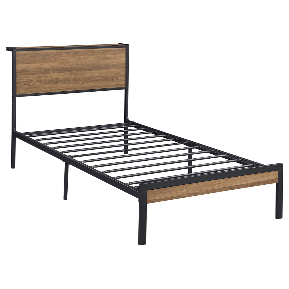 Cama individual con paneles metálicos Ricky de roble claro