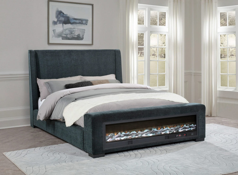 Cama Preston tapizada California King con audio y visualizador de llamas, color azul
