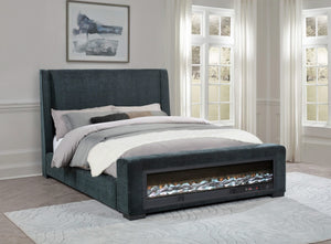 Cama Preston tapizada California King con audio y visualizador de llamas, color azul