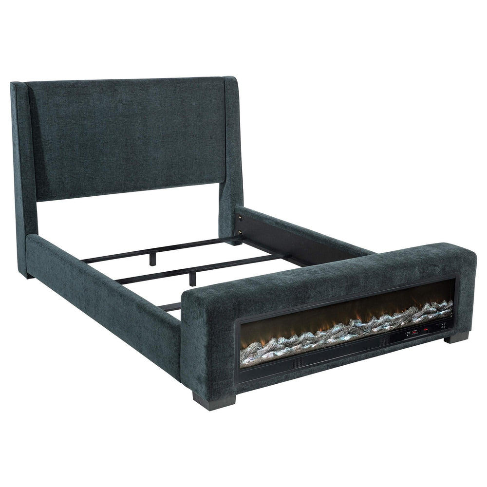 Cama Preston tapizada California King con audio y visualizador de llamas, color azul