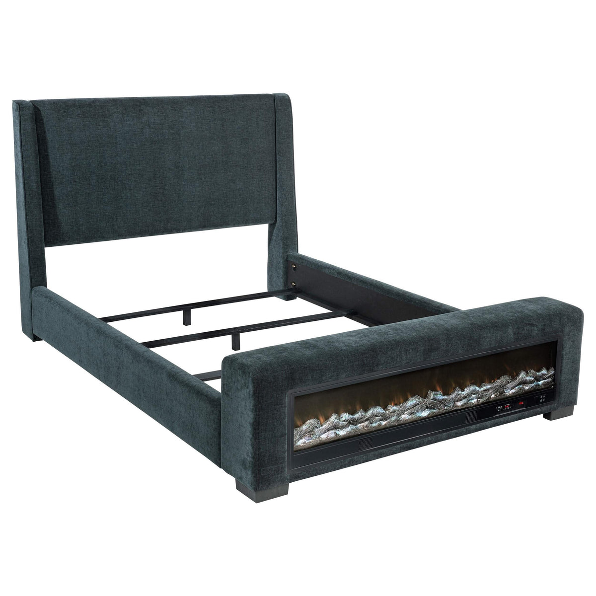 Cama Preston tapizada California King con audio y visualizador de llamas, color azul