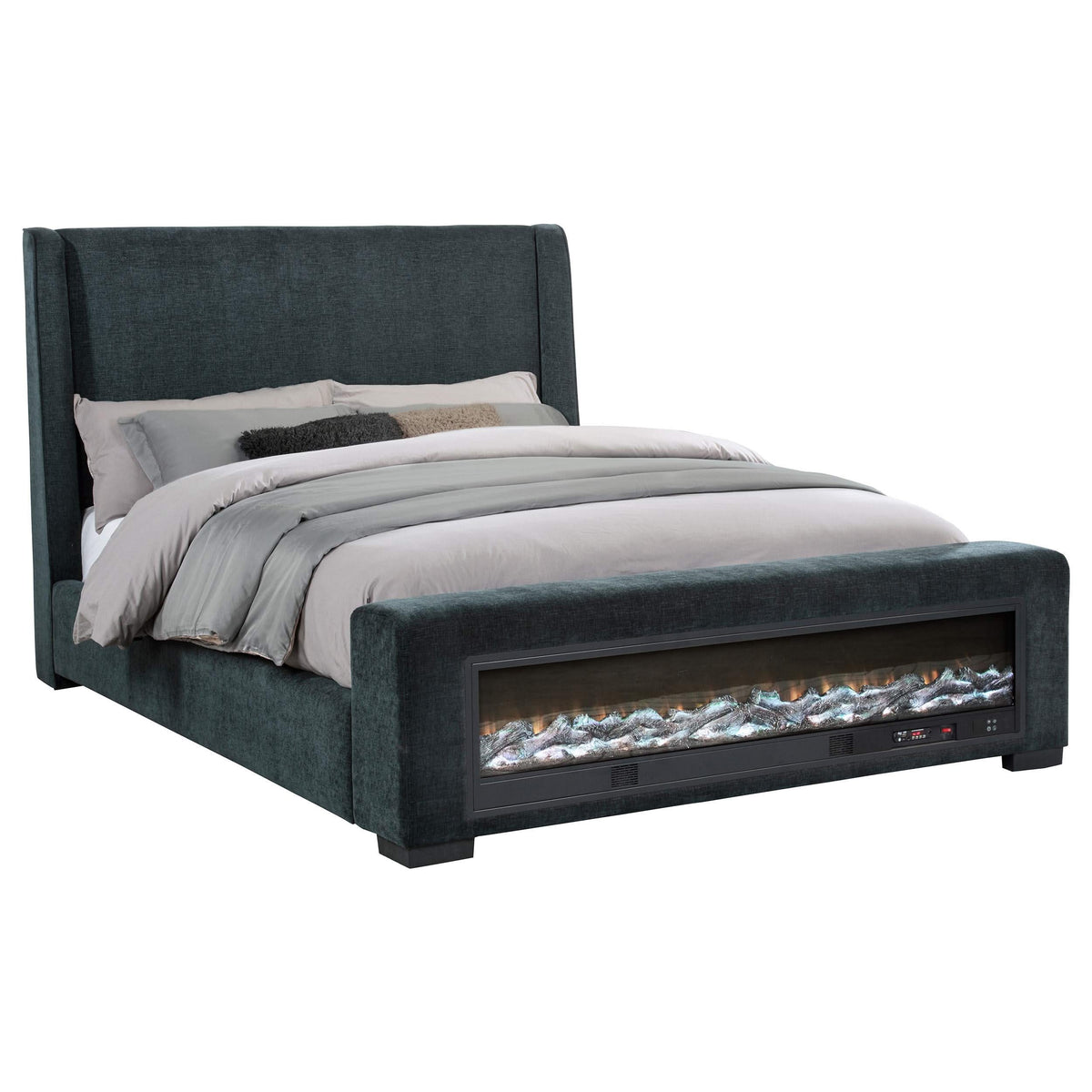 Cama Preston tapizada California King con audio y visualizador de llamas, color azul