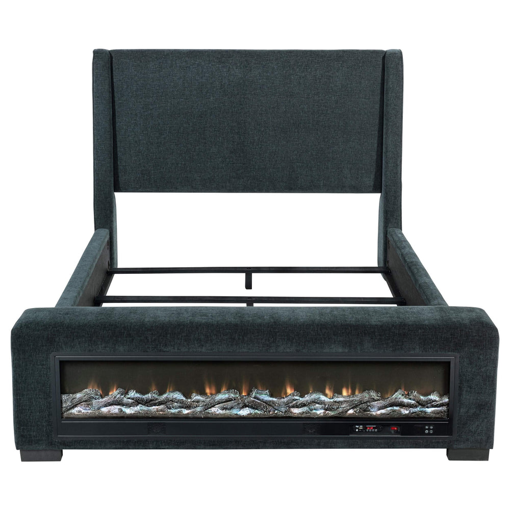 Cama Preston tapizada California King con audio y visualizador de llamas, color azul