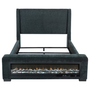 Cama Preston tapizada California King con audio y visualizador de llamas, color azul