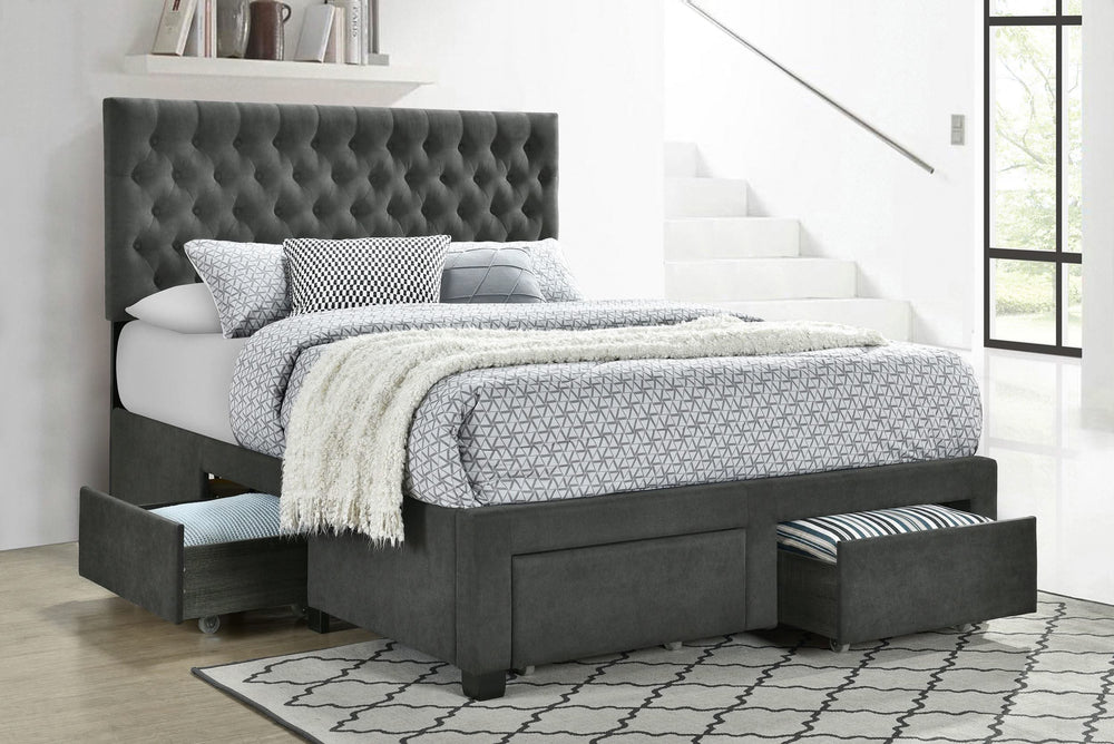 Cama Soledad tapizada con paneles de almacenamiento, tamaño king, color gris