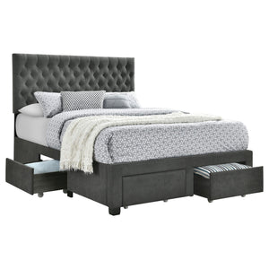 Cama Soledad tapizada con paneles de almacenamiento, tamaño king, color gris