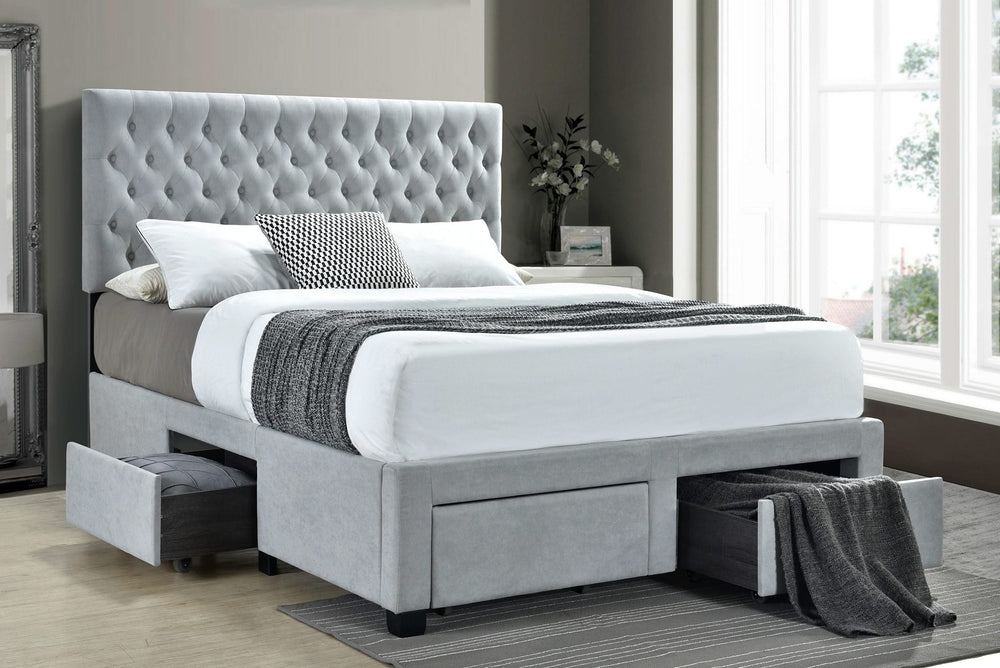 Cama King con almacenaje tapizada Soledad, color gris claro