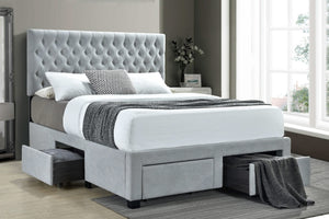 Cama King con almacenaje tapizada Soledad, color gris claro