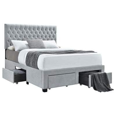 Cama King con almacenaje tapizada Soledad, color gris claro