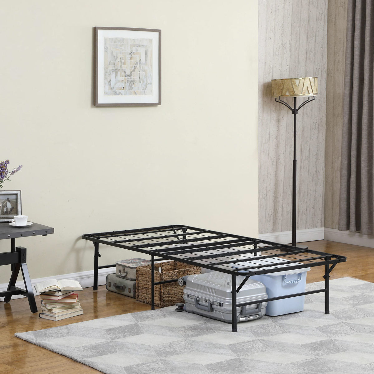 Cama Mabel de metal con plataforma de soporte extra larga para dos personas, color negro