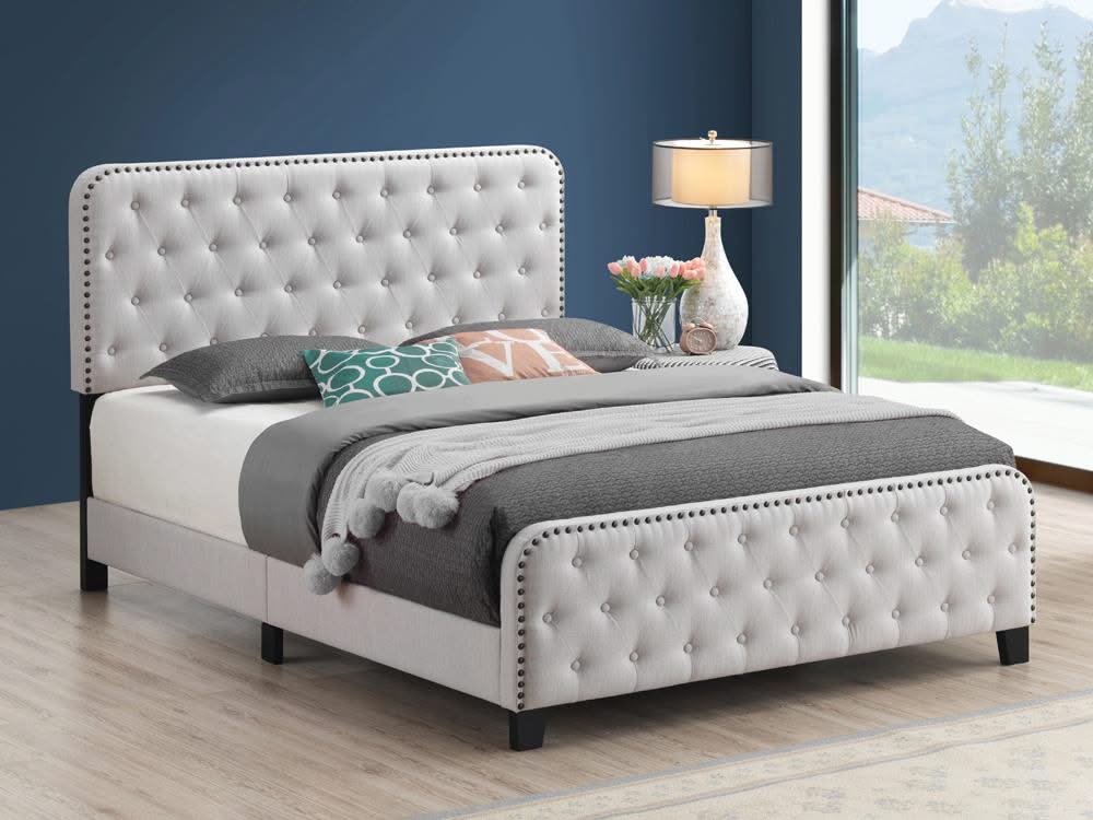 Cama Littleton Eastern King con capitoné, tapizada en beige