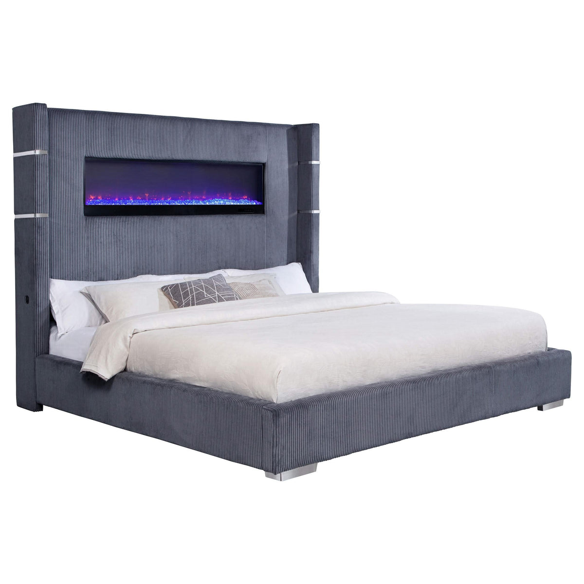 Cama Tisdall tapizada Eastern King Flame Visualizer gris