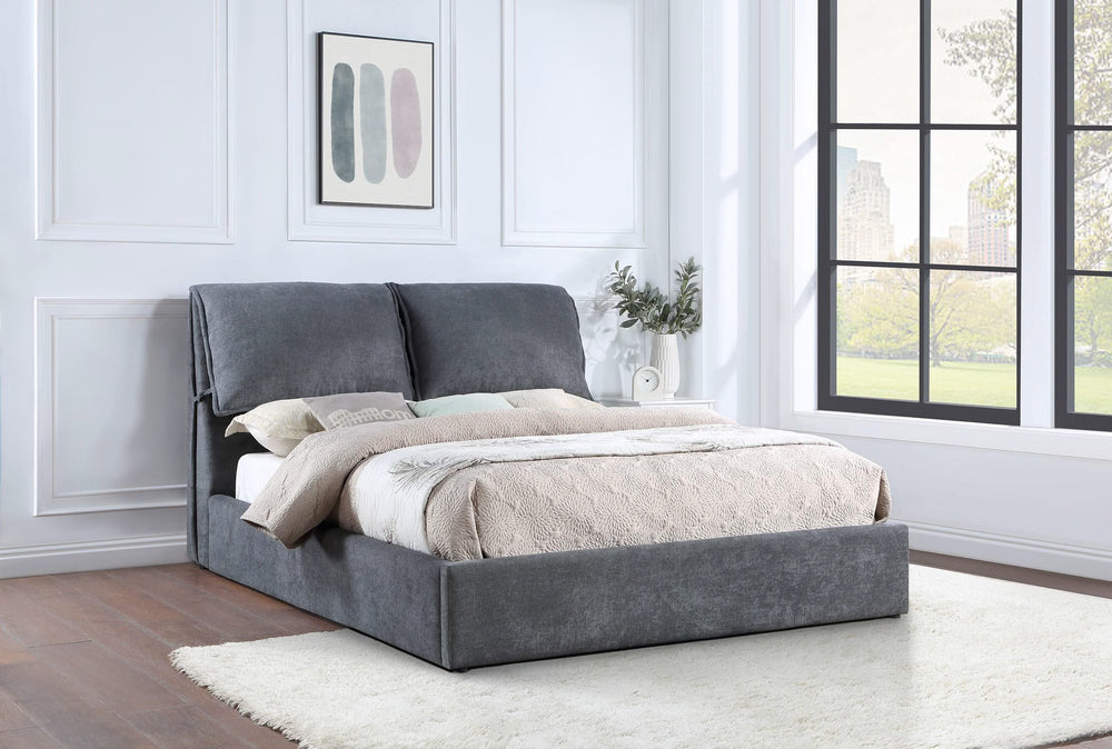 Cama Queen tapizada Laurel con paneles, gris oscuro
