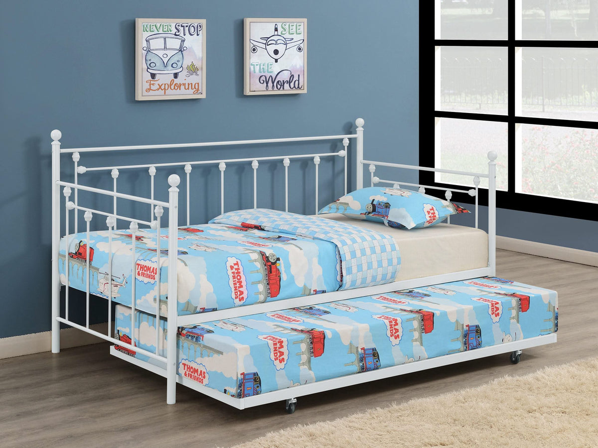 Sofá cama individual de metal Nocus con cama nido, color blanco