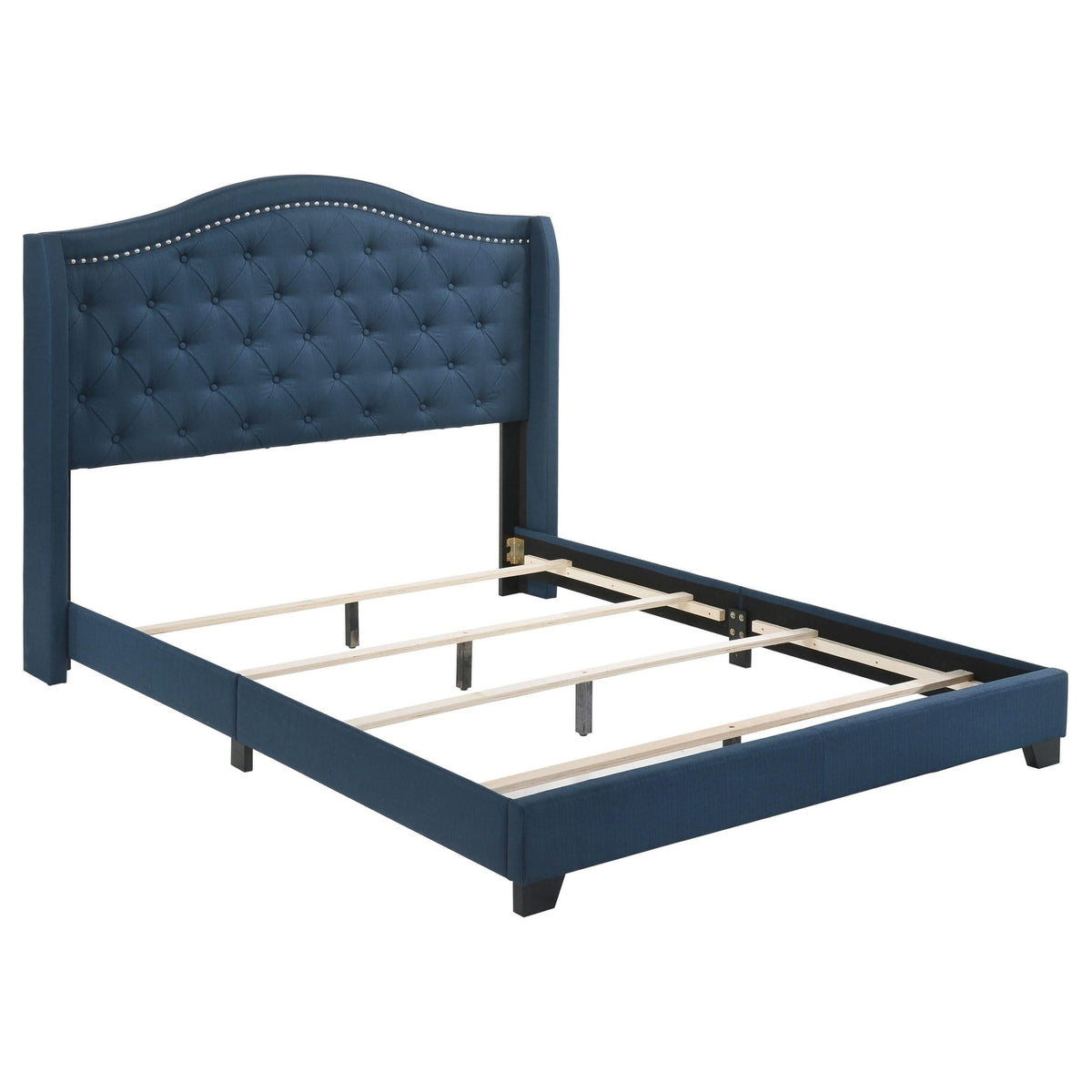 Cama Queen Sonoma tapizada con respaldo alto, color azul