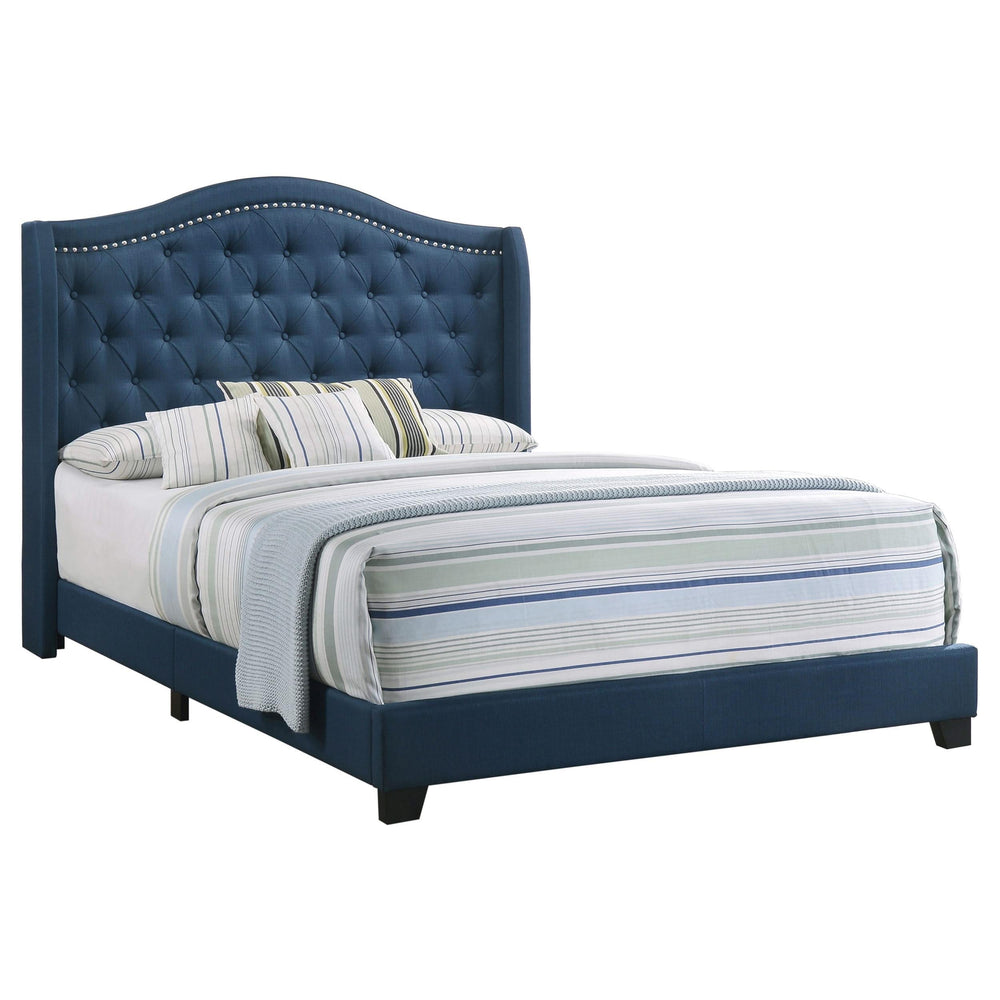 Cama Queen Sonoma tapizada con respaldo alto, color azul