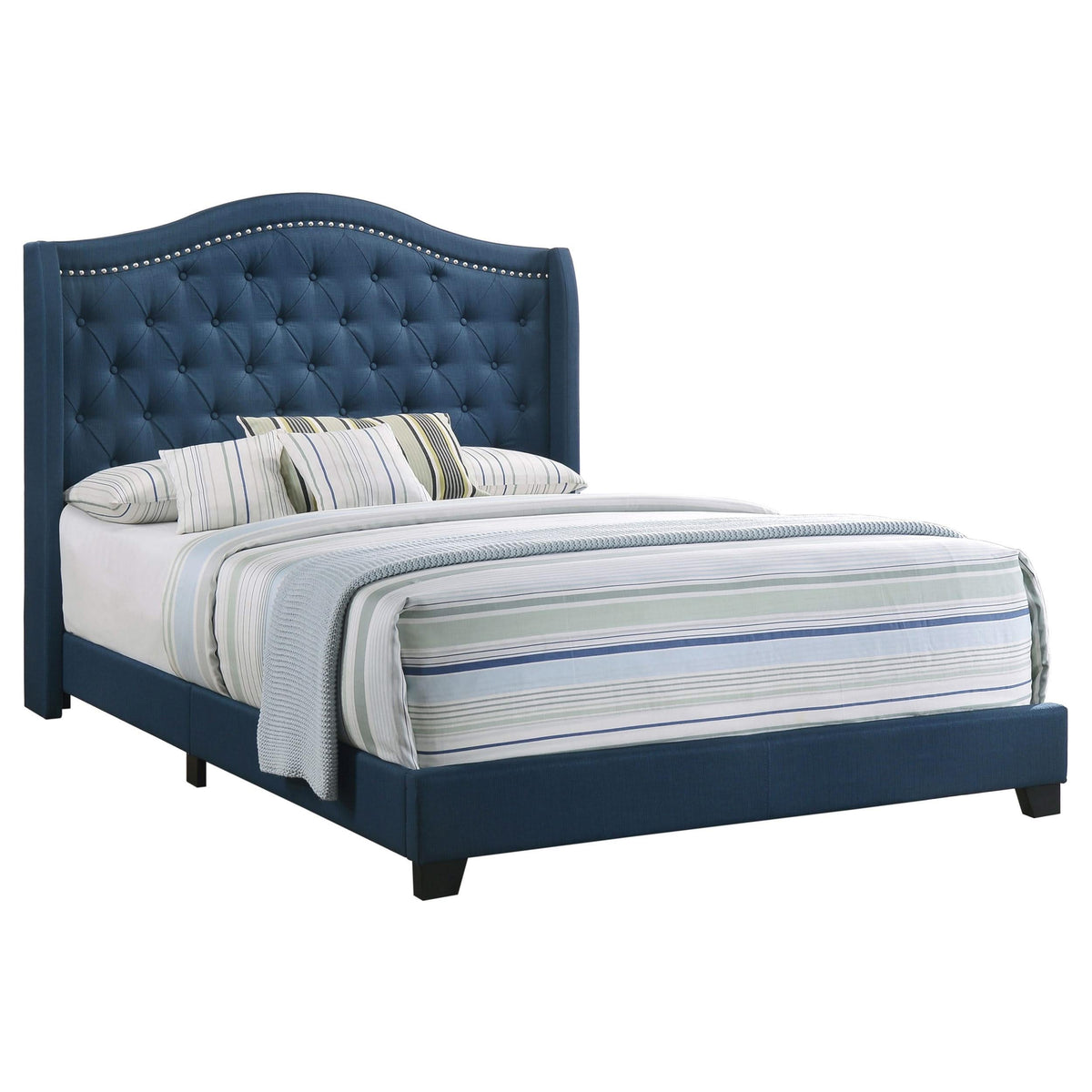 Cama Queen Sonoma tapizada con respaldo alto, color azul