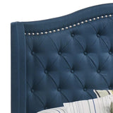 Cama Queen Sonoma tapizada con respaldo alto, color azul