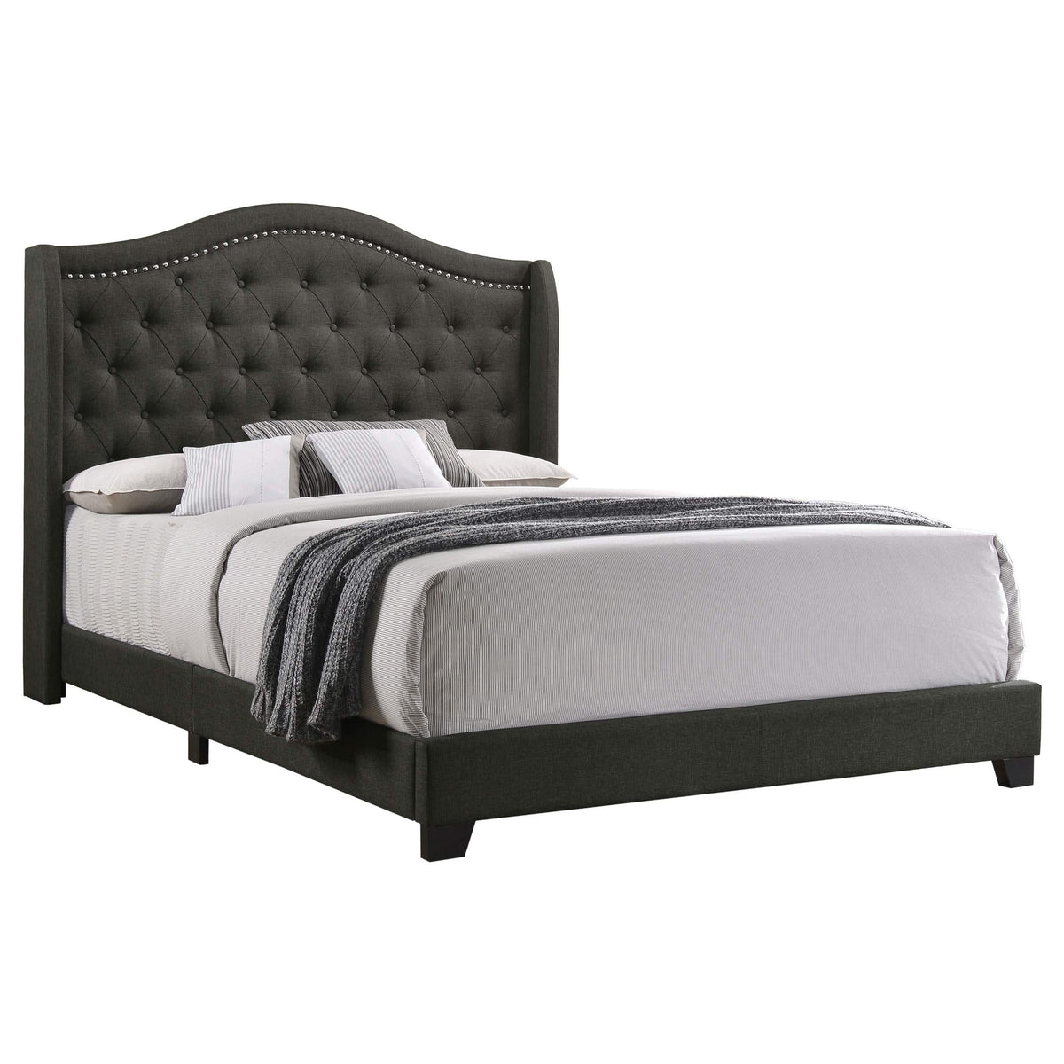 Cama Queen Sonoma tapizada con respaldo alto, color gris